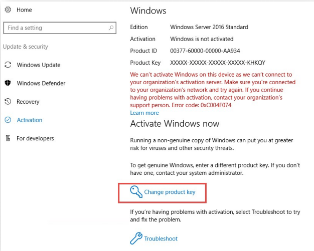 Trouble Activating Windows Server 2016