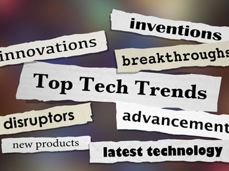 Collage of torn paper strips with text: Top Tech Trends, innovations, inventions, breakthroughs, disruptors, advancement, new products, latest technology.
