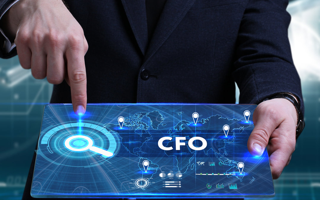 CFO on futuristic tablet showing global network, emphasizing evolving CFO roles.