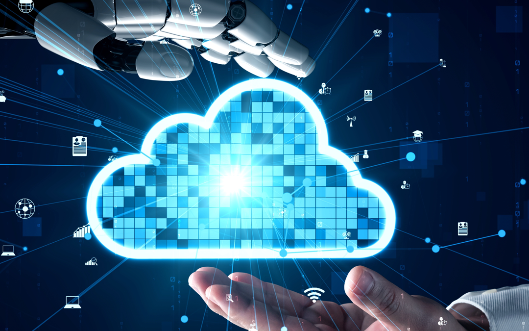 Robotic hand holding cloud icon, symbolizing managed IT services transformation
