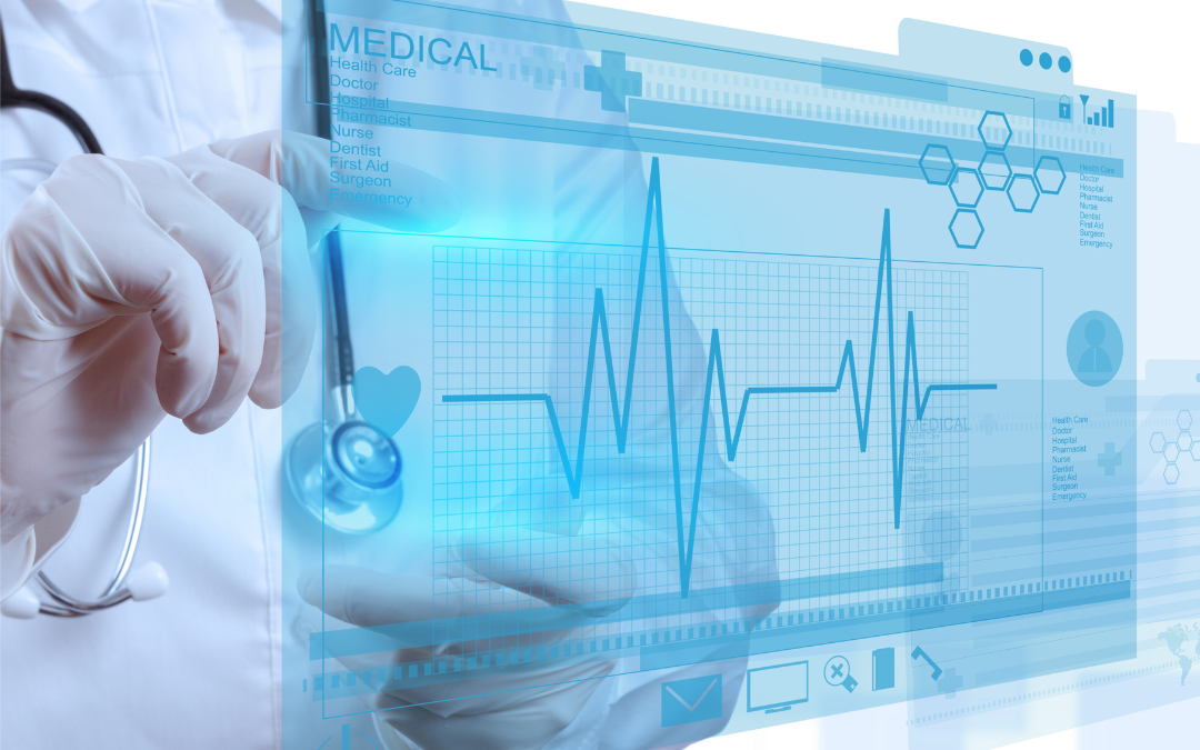Doctor interacting with a futuristic medical data interface displaying heart rate.