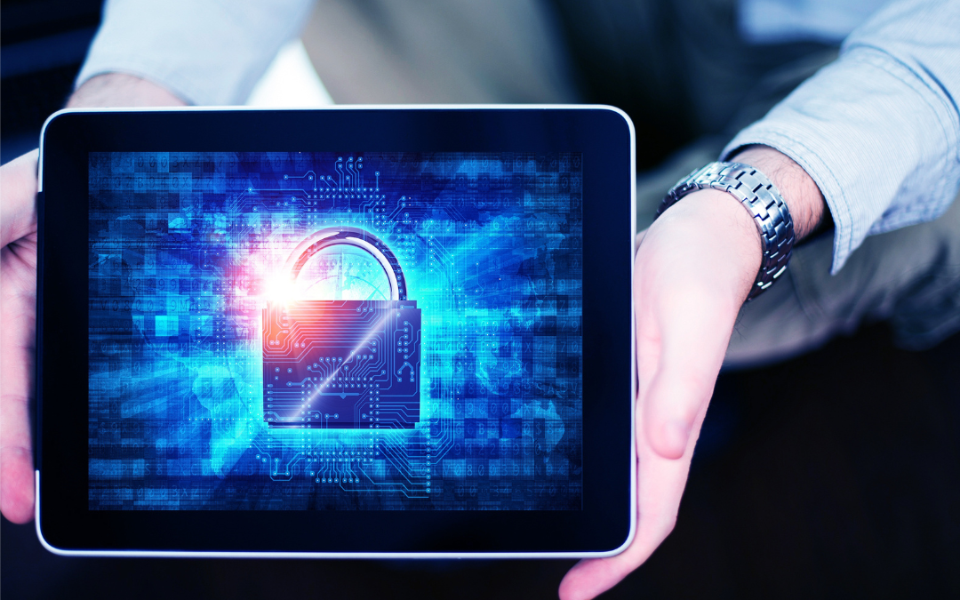 Tablet displaying a digital padlock with circuit board design, symbolizing small business mobile security.