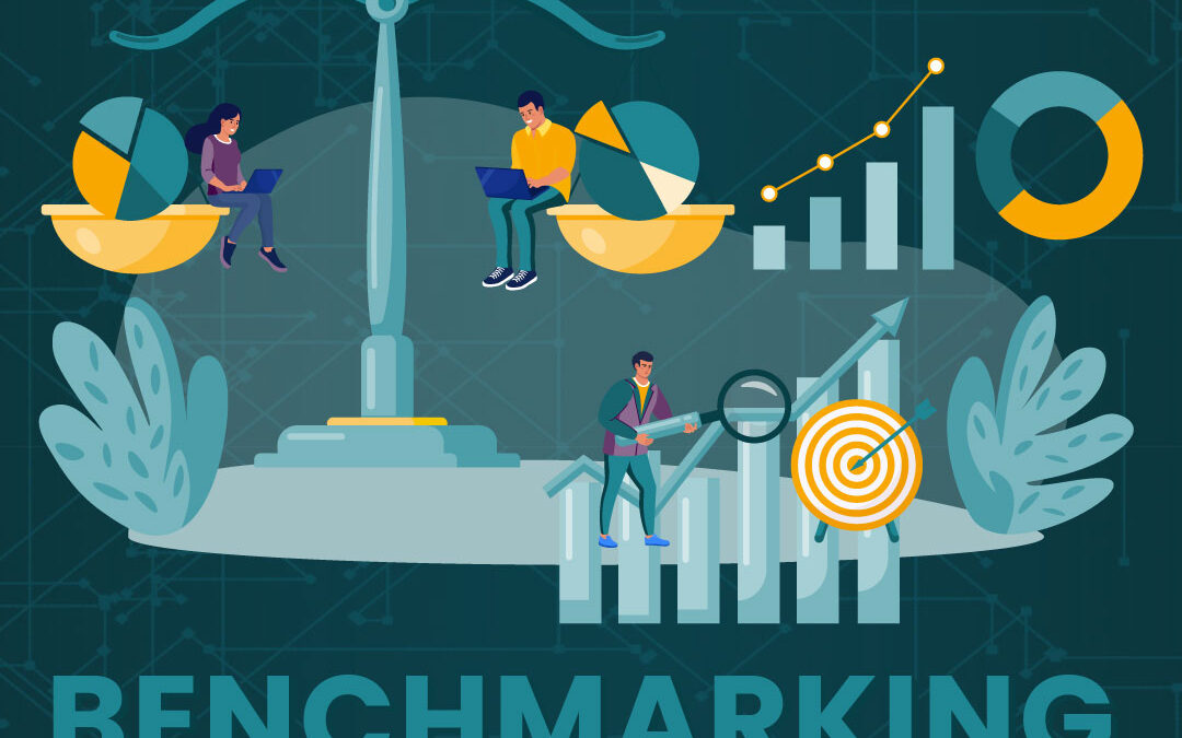 Illustration of people analyzing data with graphs and target, benchmarking text