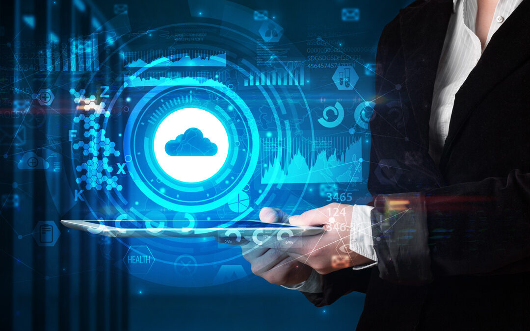 IT professional with tablet showing cloud technology and data analytics