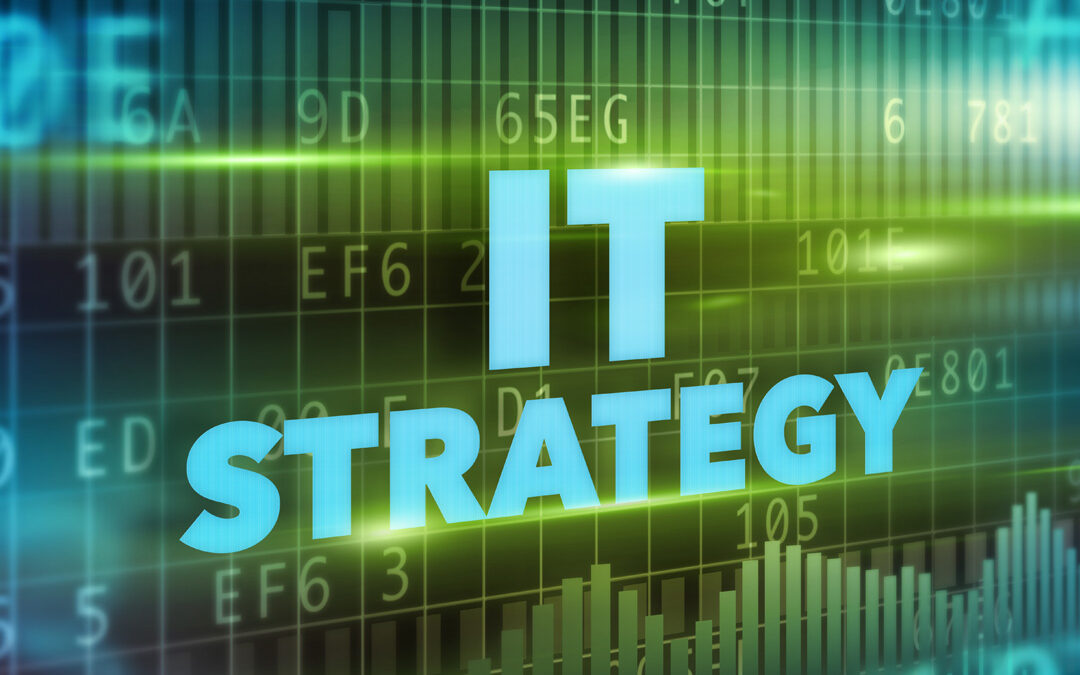 Blue and green IT Strategy text on financial background with numbers and graphs